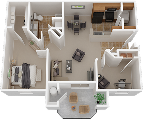 Floor plan for 2 beds, 1 bath, 932 sqft